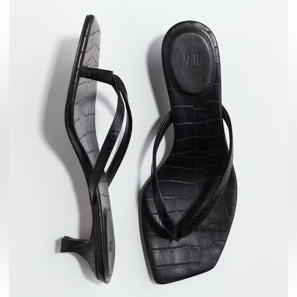 Black Kitten-Heeled Crocodile Thong Sandals